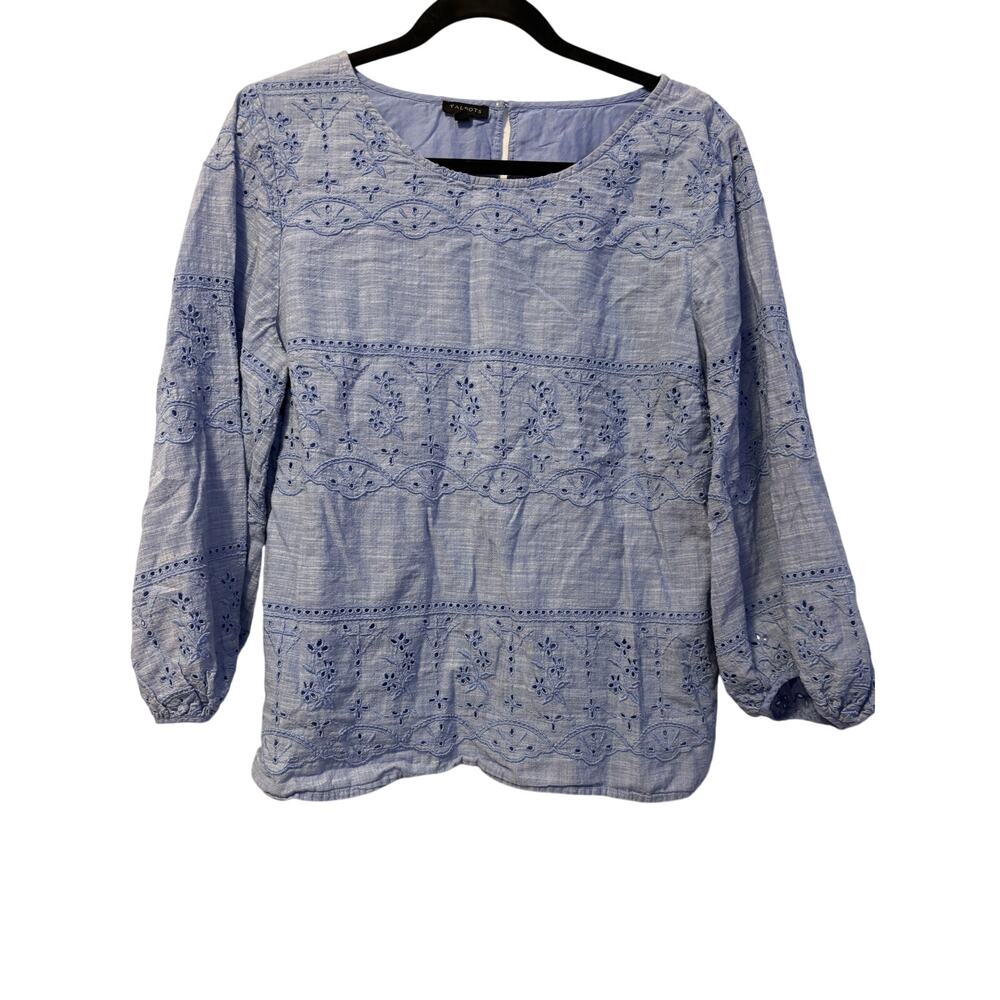 Talbots Embroidered Viole Top Blue Crew Neck Side Zip 3/4 Sleeve Sz L